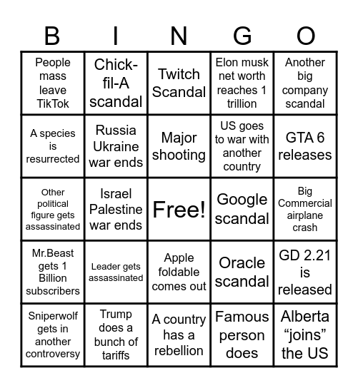 2026 Bingo Card Bingo Card