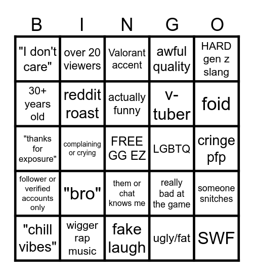 Twitchie Stereotype Card Bingo Card