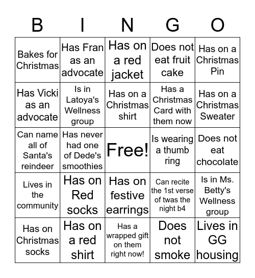 Member Christmas Party Bingo Card