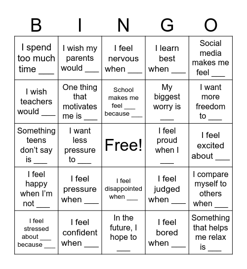 Teen Real Talk Speaking Bingo Card