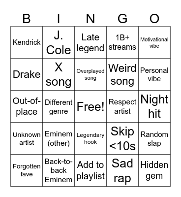 Spotify Autoplays 1000 Songs Bingo Card