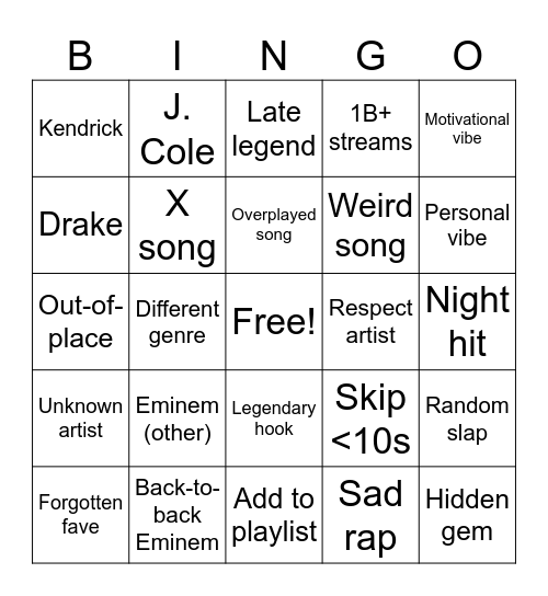 Spotify Autoplays 1000 Songs Bingo Card