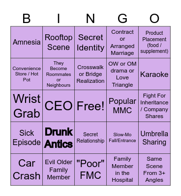 Asian Drama Tropes Bingo Card