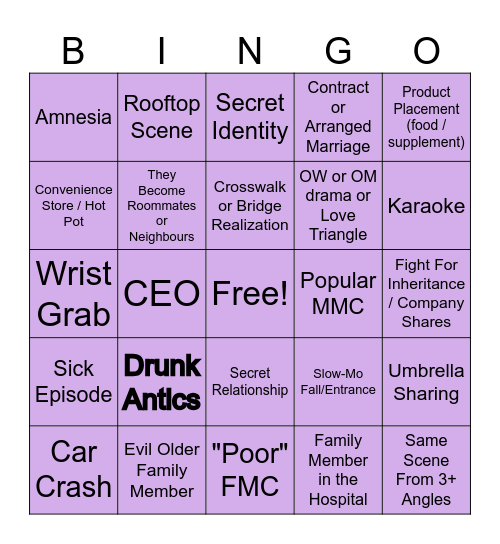 Asian Drama Tropes Bingo Card
