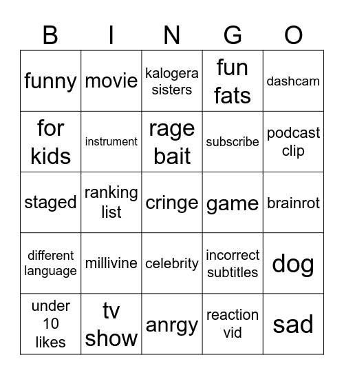 shorts bingo Card