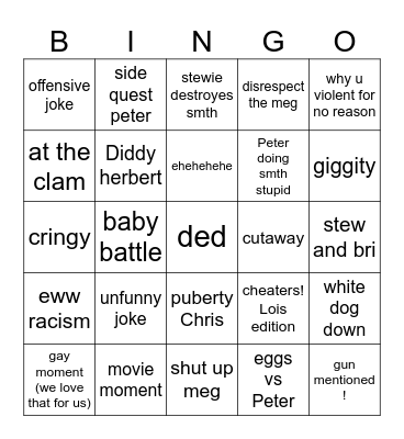 family guy bingo Card