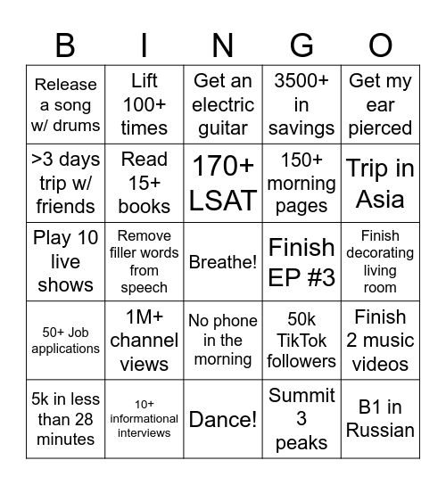 2026 Goals/Resolutions Bingo Card