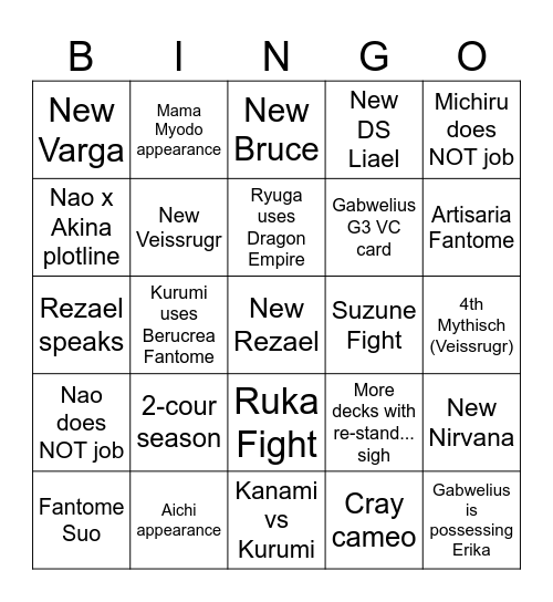 VG DZ Season 5 Predictions Bingo Card