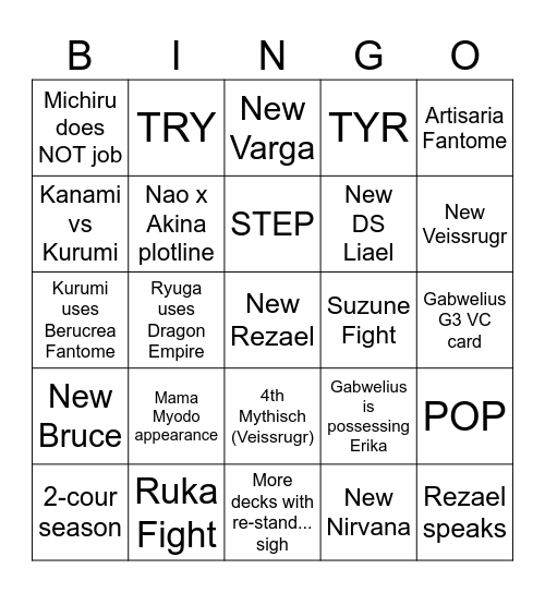 VG DZ Season 5 Predictions Bingo Card