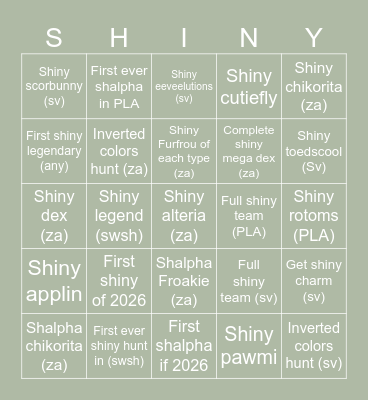 2026 Shiny Bingo Card Bingo Card