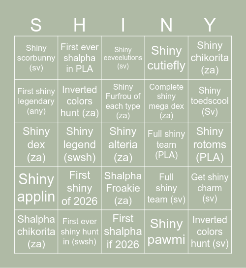2026 Shiny Bingo Card Bingo Card