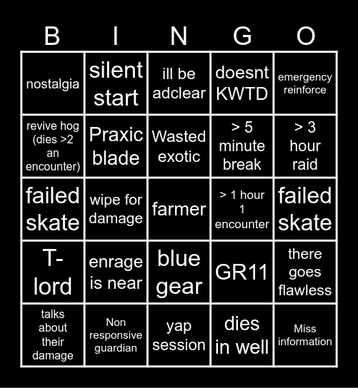 Destiny 2 lfg bingo card Bingo Card