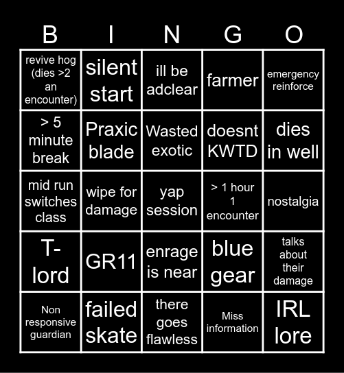 Destiny 2 lfg bingo card Bingo Card