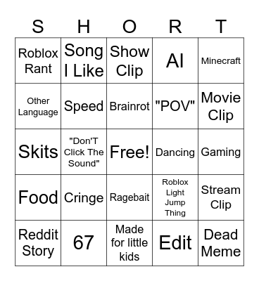 SHORTS BINGO Card