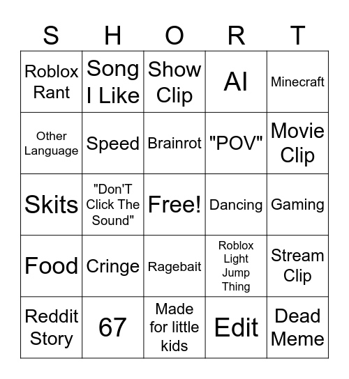 SHORTS BINGO Card