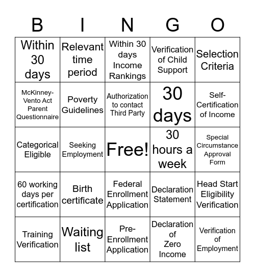 ERSEA  Bingo Card