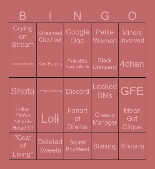 VTuber Drama Bingo Card