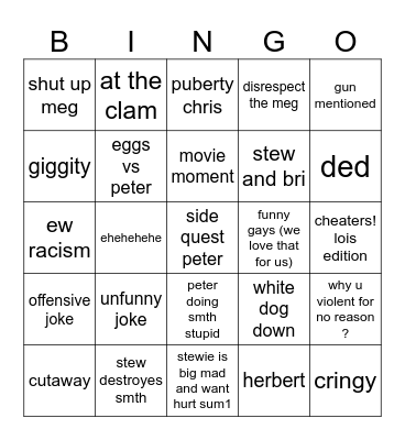 family guy bingo Card