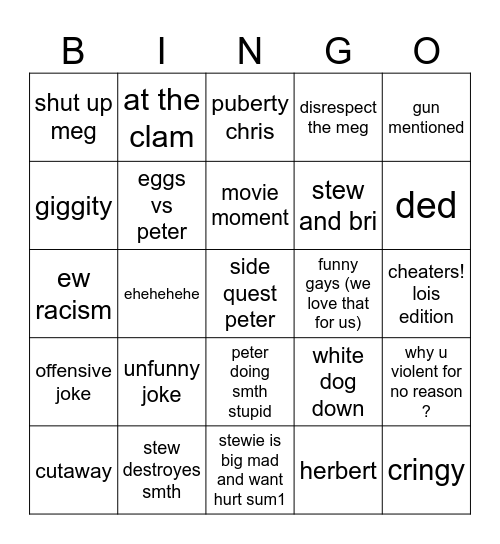family guy bingo Card