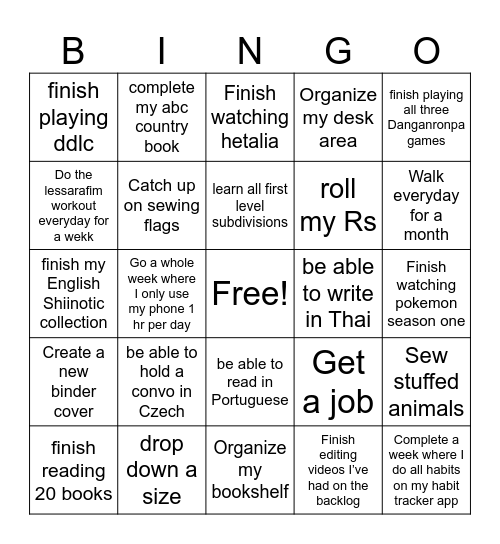 2026 goal bingo Card