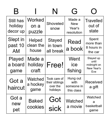Winter Break Bingo Card