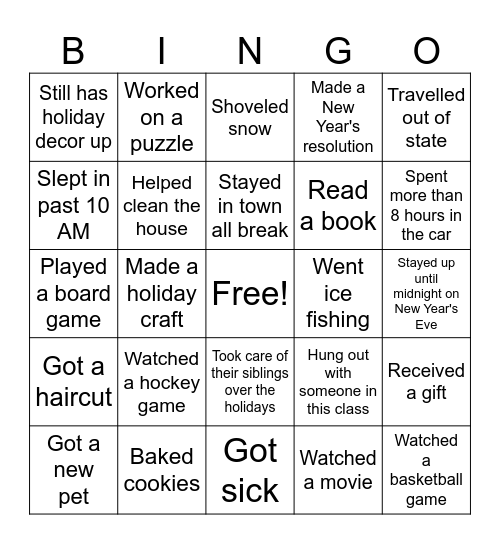 Winter Break Bingo Card