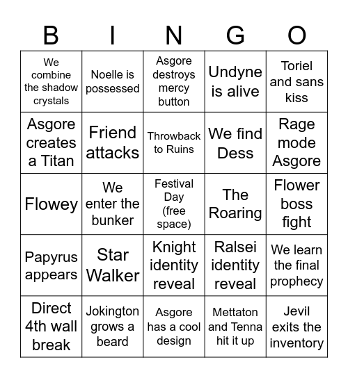 Deltarune Chapter 5 bingo Card