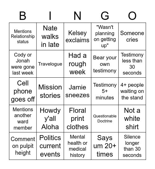 YSA Geriatric Bingo Card