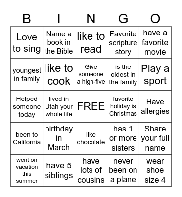 Getting to know you Bingo Card