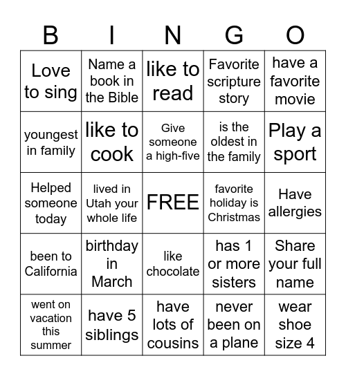 Getting to know you Bingo Card
