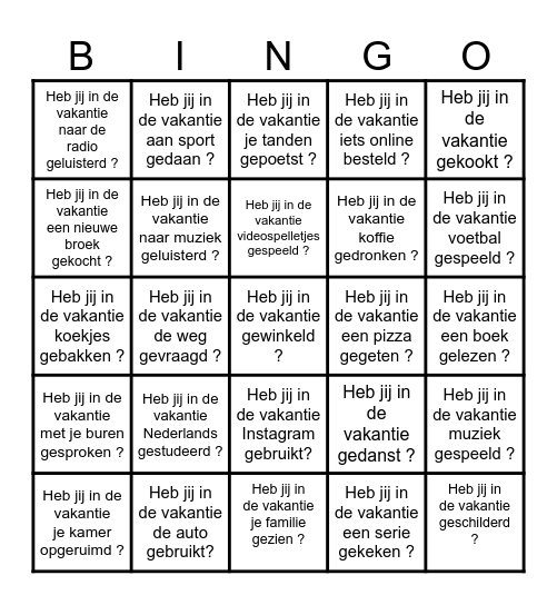 Wat heb jij in de vakantie gedaan? Bingo Card