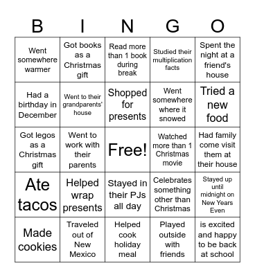 Winter Break- Find someone who... Bingo Card