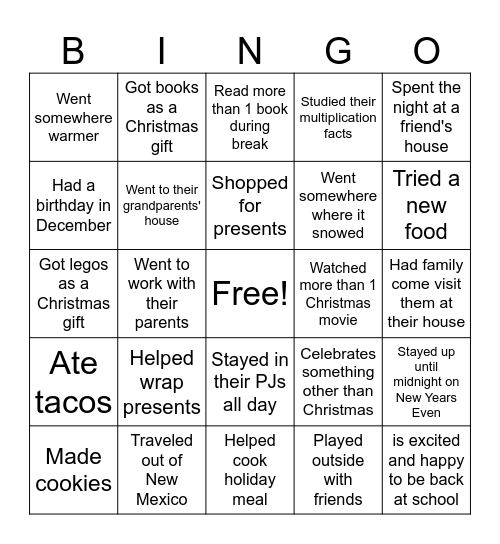 Winter Break- Find someone who... Bingo Card