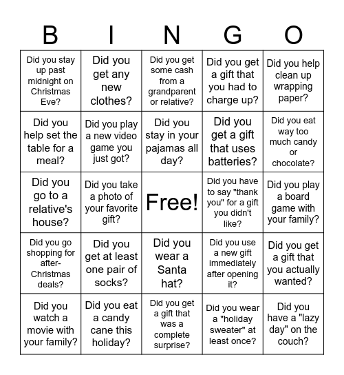 After Chrismas Bingo game Bingo Card