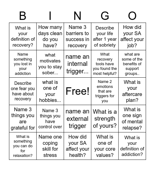 Recovery Bingo! Bingo Card