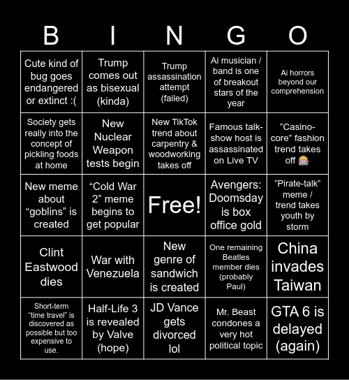 2026 Prediction Bingo Card