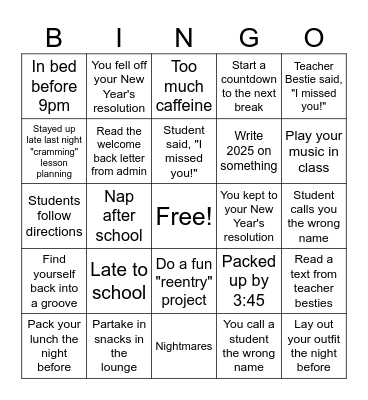 1st Week Back from break SURVIVAL Bingo Card