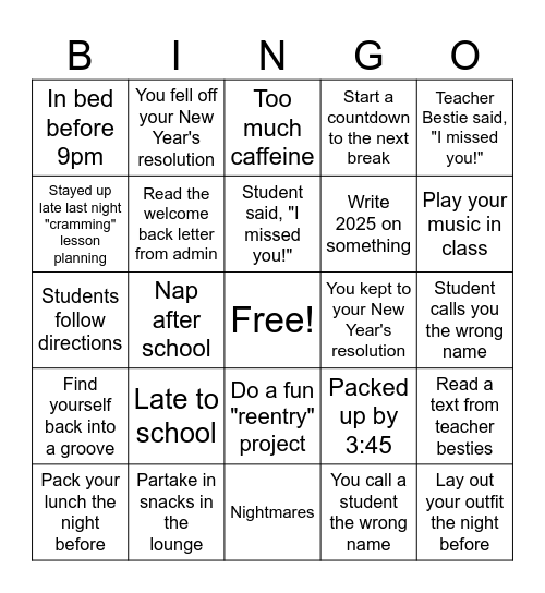 1st Week Back from break SURVIVAL Bingo Card