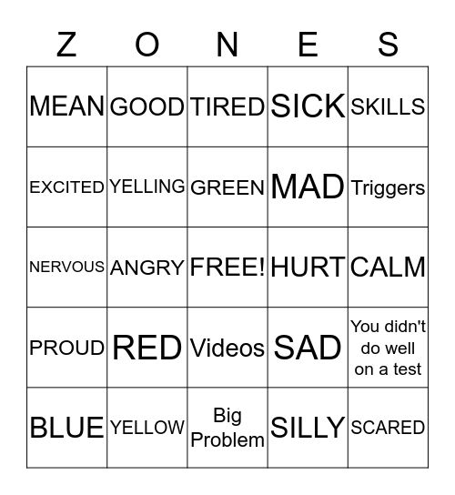 ZONES BINGO Card
