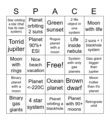 Space engine Bingo Card