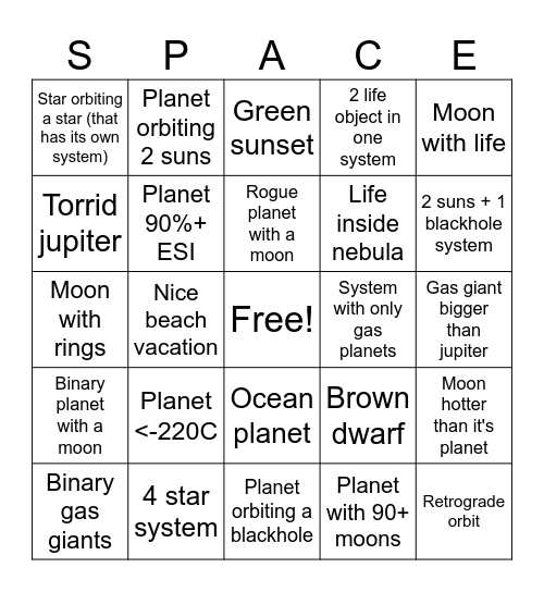 Space engine Bingo Card