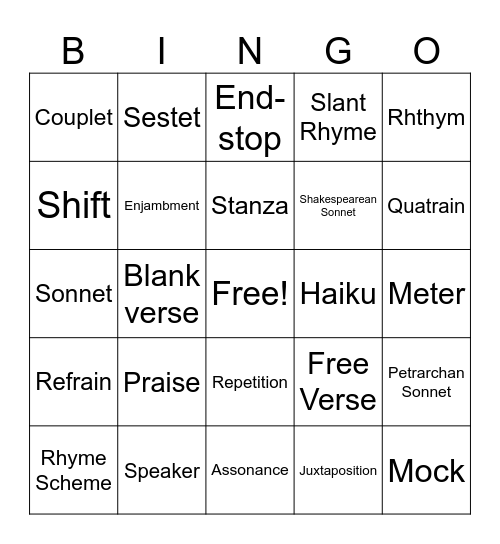 Honors English II Poetic Terms Review: Round 2 Bingo Card