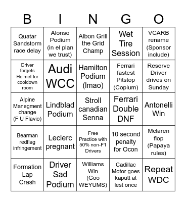 F1 2026 Bingo Card