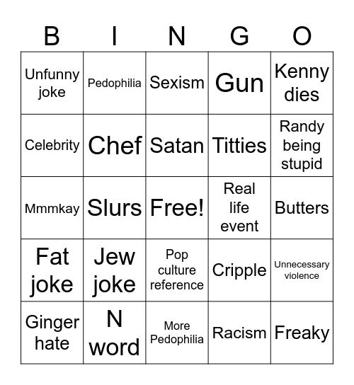 South Park Bingo Card