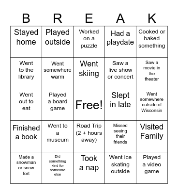 Winter Break Bingo Card