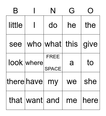 Sight Word Bingo Card