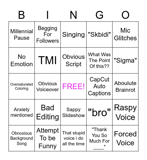 Foggy's Embarrassing Bingo Card