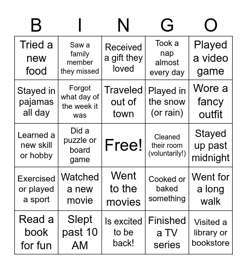 Winter Break Bingo Card