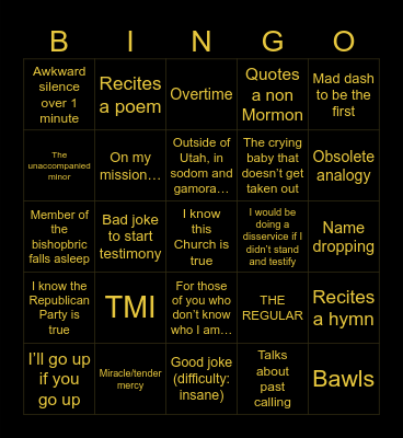 Testimony Meeting Bingo Card