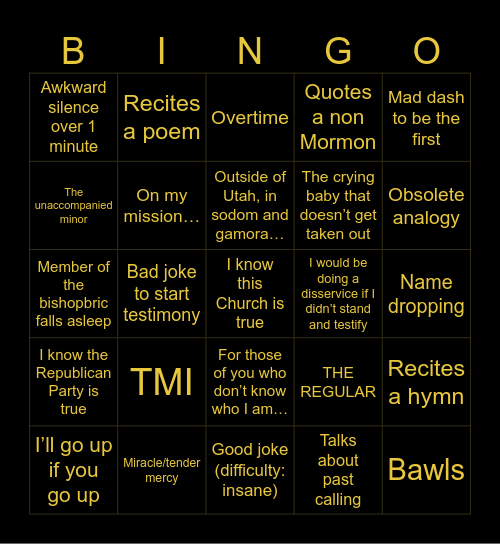 Testimony Meeting Bingo Card